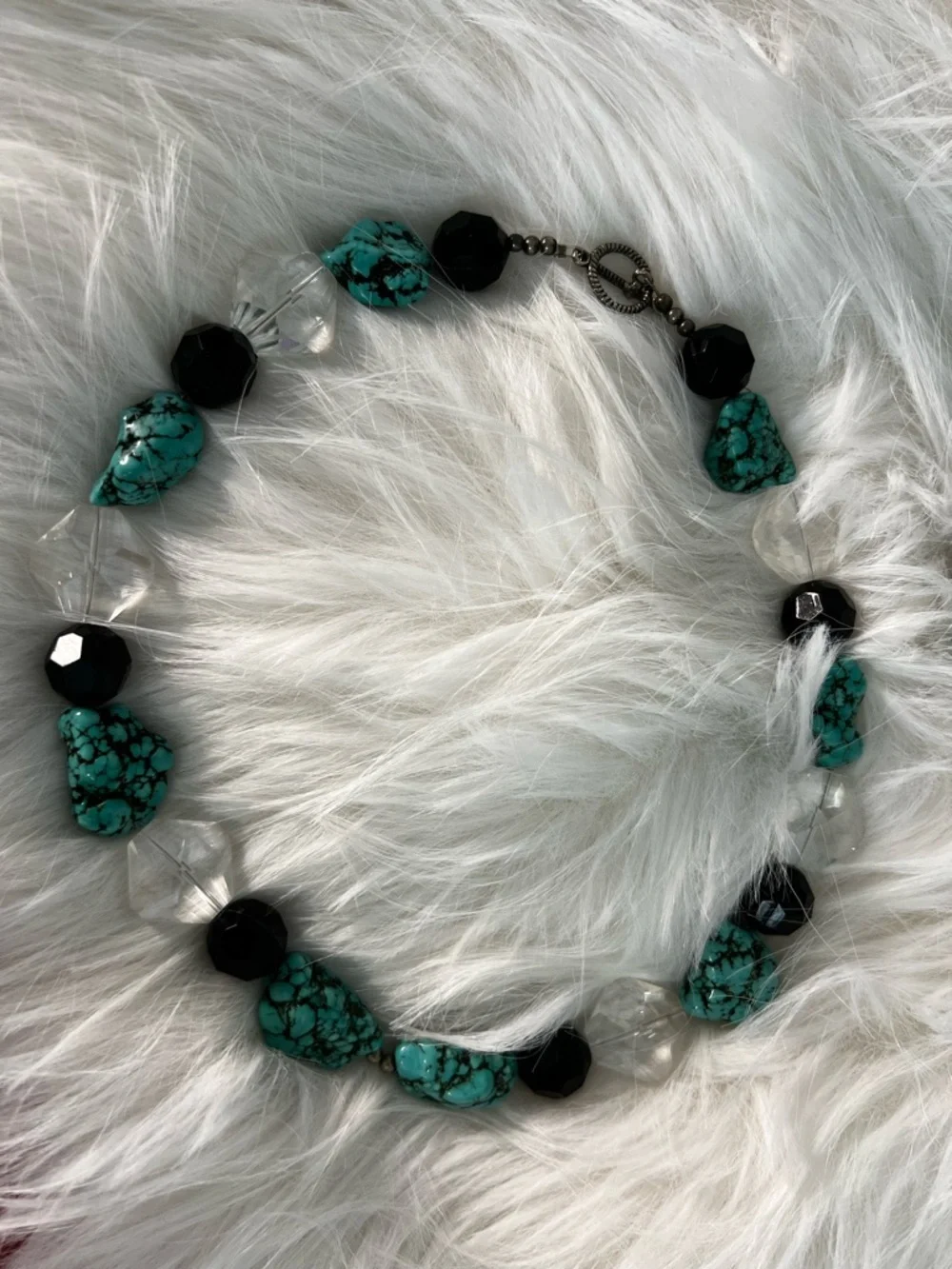 Turquoise Nugget Statement Necklace Chunky Crystal Black Faceted Beads Boho VTG